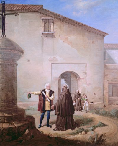 The Franciscan friars of the Convento of Santa Maria de la Rabida give bread and water to Christopher Columbus and his son Diego, 1858 by Antonio Cabral Bejarano